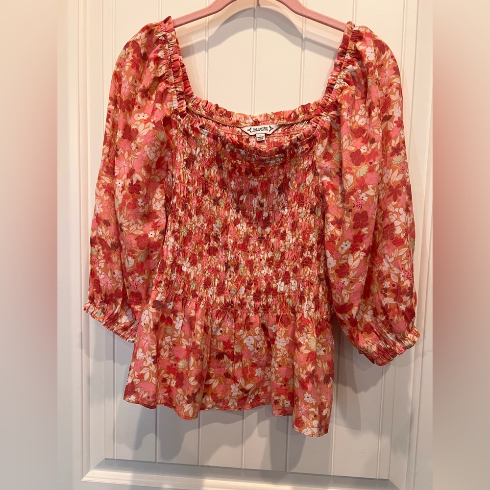 Nanette Lepore Pink Puff Sleeve Smocked Peplum Blouse Size L - Picture 7 of 10